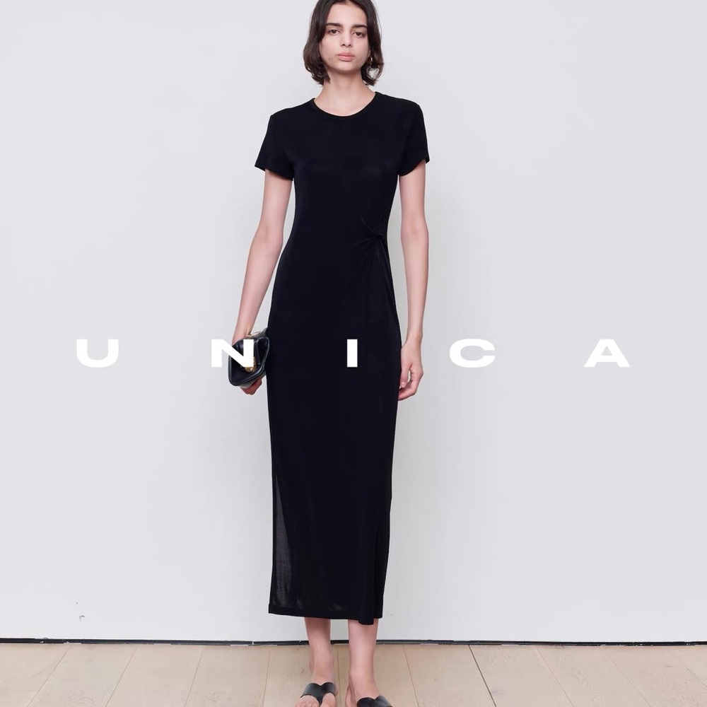 Black Ruched Midi Dress Size L NWT Bodycon Short Sleeve Minimalist